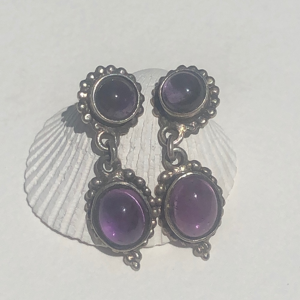 Sterling Silver Amethyst 2 Stone Drop Earrings - Picture 4 of 5